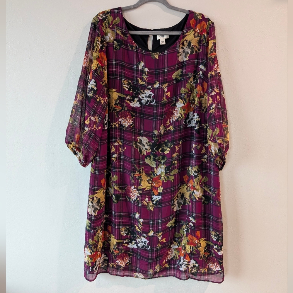 Cato 22/24W Chiffon Floral Plaid Boho Tunic Dress Burgundy Multicolor 3/4 Sleeve